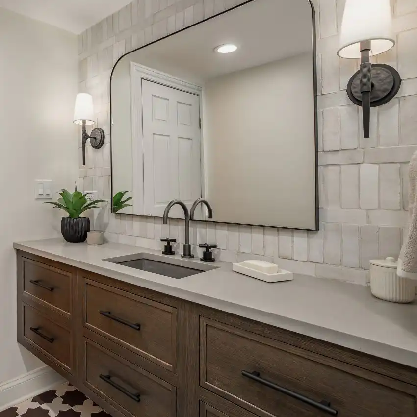 Powder room remodeling in Burr Ridge, IL. Custom vanities, tile, and finishes from our remodeling team.