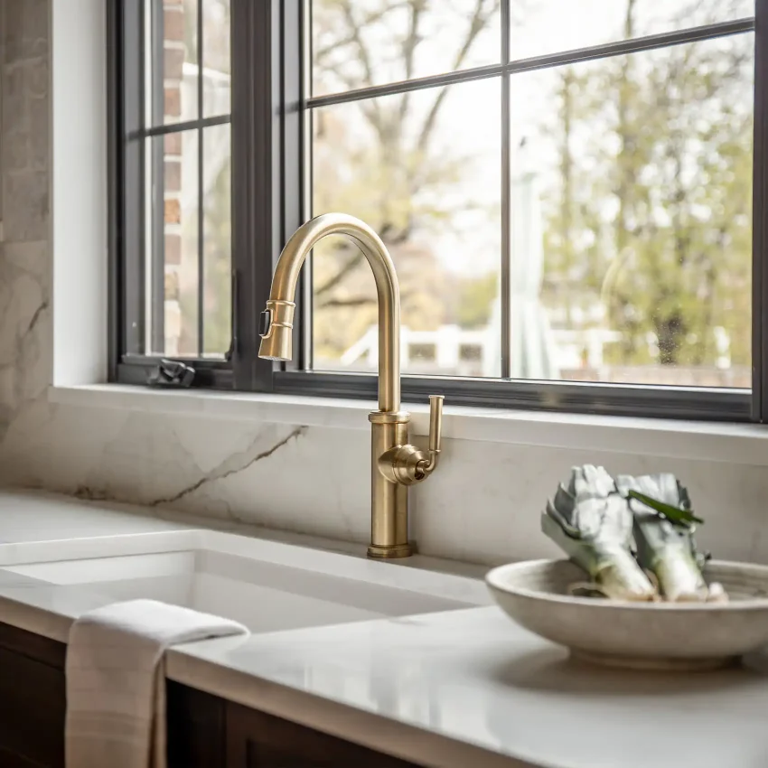 Kitchen with a brass faucet, marble countertops and black casement windows