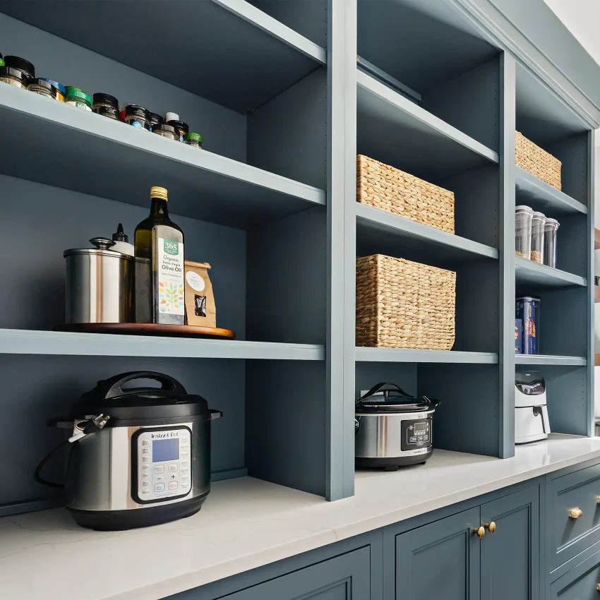 Kitchen pantry with dark blue open shelving