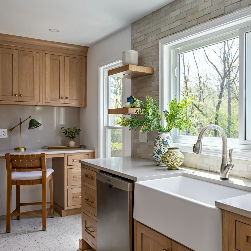 Natural wood kitchen cabinetry with white quartz counters and a farmhouse sink